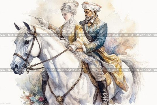 Watercolor illustration of a man and woman in historical oriental costumes, riding a white horse. The woman confidently holds the reins and points forward, the man sits behind, holding her by the waist. The atmosphere of the image is imbued with sophistication, romance and the spirit of adventure. The rich decoration of the outfits, the man's turban and the gentle expression on their faces create the feeling of a fairytale journey, as if from an oriental legend or historical novel. Стоковое AI-изображение, AI-художник Анна Кривицкая / Фотобанк Лори