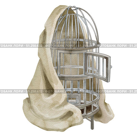Watercolor illustration of a metal bird cage with open door and drapery. Large arched aviary on a stand. For pet shops, zoos, bird and animal goods stores. Decorative interior element, poster creation. Стоковая иллюстрация, иллюстратор Larisa Hamukova / Фотобанк Лори