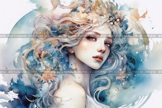 Watercolor illustration of a mythological girl with long silver hair decorated with flowers, leaves and stars. Her image is surrounded by soft waves of color - from sky blue to golden beige, which creates a feeling of etherealness, silence and mystery. The female image combines natural beauty, harmony and fantastic magic. The illustration is ideal for the themes of art, fantasy, astrology, natural elements, femininity and dreams. Стоковое AI-изображение, AI-художник Анна Кривицкая / Фотобанк Лори