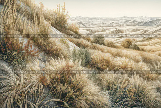 Watercolor illustration of a steppe landscape with soft waves of dry grass, bushes and rolling expanses stretching to the horizon. The color palette is based on natural, sandy-golden and gray-green shades, creating a sense of peace, breadth and natural harmony. The image conveys an atmosphere of solitude and beauty of untouched nature. Suitable for nature projects, book design, interiors and environmental themes. Стоковое AI-изображение, AI-художник Анна Кривицкая / Фотобанк Лори