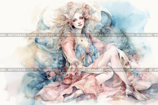 Watercolor illustration of a young girl with delicate features, sitting surrounded by floral motifs and a light veil of shades of pink and blue. Her wavy hair seems to flutter in the wind, and her gaze is dreamy and calm. The image combines refined romance, light vintage and a magical atmosphere. This work is ideal for decorating postcards, women's magazines, illustrations for fairy tales, cosmetics and fashion products, as well as projects in the fantasy and art nouveau style. Стоковое AI-изображение, AI-художник Анна Кривицкая / Фотобанк Лори