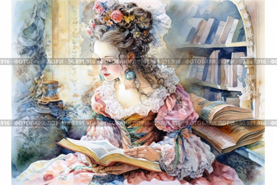 Watercolor illustration of a young woman in a rococo dress reading a book in a cozy library. The image combines romanticism, elegance and sophistication. Richly decorated hair with flowers, lace sleeves and soft lighting create an atmosphere of coziness and inspiration. Ideal for book covers, articles about literature, fashion history or femininity. Стоковое AI-изображение, AI-художник Анна Кривицкая / Фотобанк Лори