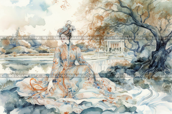Watercolor illustration of an elegant woman in a luxurious dress sitting on the bank of a pond surrounded by an autumn garden. Behind her is the classical architecture of a palace with columns, framed by the branches of an old tree. The color scheme is maintained in soft pastel colors - blue, terracotta and ocher. The scene conveys an atmosphere of coziness, thoughtfulness and slight melancholy in the spirit of romanticism. Стоковое AI-изображение, AI-художник Анна Кривицкая / Фотобанк Лори