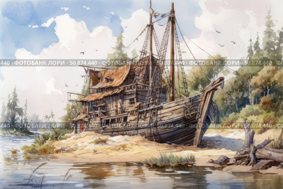 Watercolor illustration of an old wooden ship converted into a house and standing on the shore by the water. The painting conveys an atmosphere of solitude, adventure and abandonment. Ideal for decorating books, postcards, board games, posters and any projects in the style of fantasy, steampunk or rustic aesthetics. Стоковое AI-изображение, AI-художник Анна Кривицкая / Фотобанк Лори