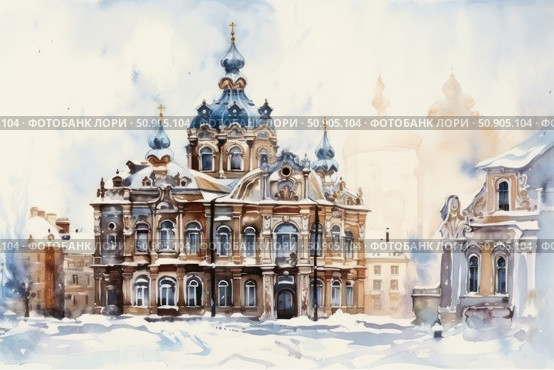 Watercolor illustration of an Orthodox church in a winter city. Baroque architecture with domes decorated with crosses is shrouded in a soft snowy haze. Fluffy snow lies around, emphasizing the solemnity and grandeur of the building. The work is done in gentle cold shades, conveying an atmosphere of silence, holiness and winter tranquility. Suitable for themes of religion, architecture, winter tourism and cultural heritage. Стоковое AI-изображение, AI-художник Анна Кривицкая / Фотобанк Лори