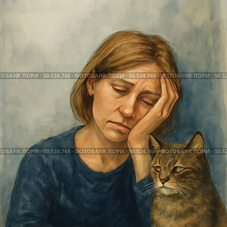Watercolor illustration with deep emotional overtones: a tired and sad woman sits, leaning on her hand, next to her is a cat with a sympathetic look. Both characters are depicted with a subtle transfer of emotions, creating an atmosphere of fatigue, loneliness and inner pain. This scene is perfect for the themes of mental health, empathy, emotional support and human-animal bonding. Стоковое AI-изображение, AI-художник Анна Кривицкая / Фотобанк Лори