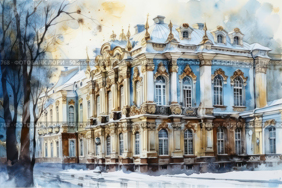 Watercolor image of a palace in a winter landscape, made in a classical artistic style. The magnificent building with blue facades, stucco and golden architectural elements is reminiscent of the Tsarist era and European Baroque. Snow cover, bare trees and soft winter lighting create an atmosphere of silence and grandeur. Perfect for themes of architecture, history, travel, art and seasonal postcards. Стоковое AI-изображение, AI-художник Анна Кривицкая / Фотобанк Лори