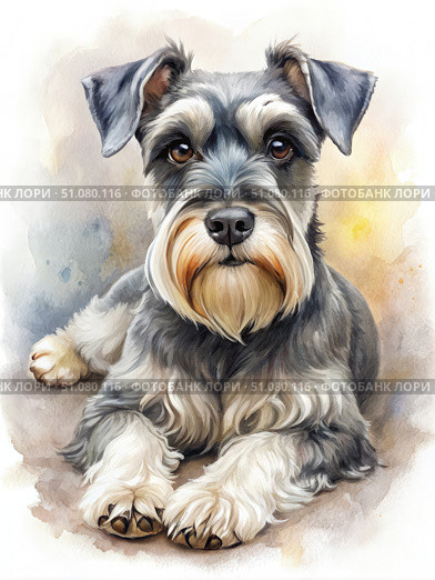 Watercolor Painting of a Miniature Schnauzer Dog Relaxing on a Tan Background. Generative AI. Стоковое AI-изображение, AI-художник Roman Zavorotny / Фотобанк Лори