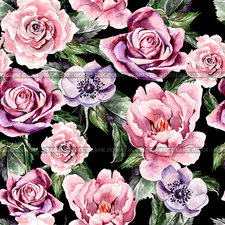 Watercolor pattern with flowers anemon, peonies,roses,  buds and petals. Illustration. Watercolor pattern with flowers anemon, peonies,roses,  buds and petals. Стоковое фото, агентство Ingram Publishing / Фотобанк Лори