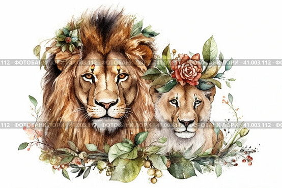 Watercolor picture of a lion and a lion cub on a white background, watercolor style, Generative AI. Стоковое AI-изображение, AI-художник Анна Кривицкая / Фотобанк Лори