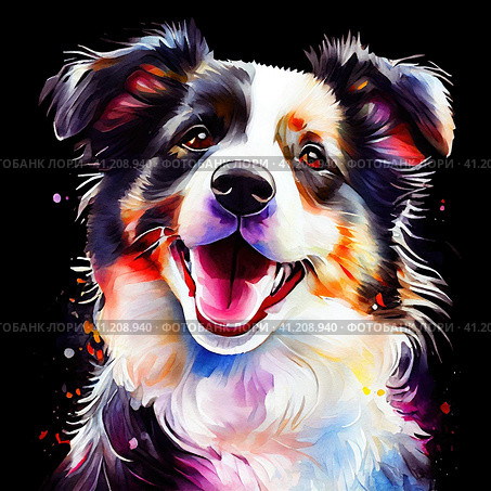 Watercolor portrait cute puppy collie, animal illustration, colorful oil painting on black background, generative ai. Стоковое AI-изображение, AI-художник Ольга Яковенко / Фотобанк Лори