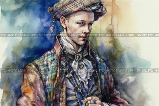 Watercolor portrait of a young man in a historical costume. He is dressed in 18th century clothes with checkered elements, a tie and a brooch. On his head is a turban or a beret with a Scottish-style pattern. Soft color transitions and expressive watercolor technique give the image nobility and the atmosphere of a bygone era. The work is suitable for the themes of historical fashion, art illustration and retro style. Стоковое AI-изображение, AI-художник Анна Кривицкая / Фотобанк Лори
