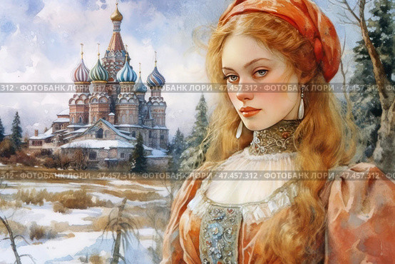 Watercolor portrait of a young woman against the backdrop of a winter Russian landscape. The girl is dressed in traditional attire - with an embroidered corset, pearl earrings and a scarlet headscarf. She has long light red hair and expressive eyes. In the background, you can see the famous cathedral with onion-shaped domes, covered with a light layer of snow, which emphasizes the atmosphere of the Russian winter. The composition is made in a romantic and fairy-tale style, referring to Russian folk tales and folklore. Стоковое AI-изображение, AI-художник Анна Кривицкая / Фотобанк Лори