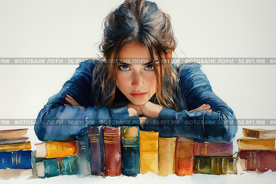 Watercolor portrait of a young woman sitting at a table with books. Her gaze is directed straight at the viewer - focused, determined, with a slight hint of stubbornness. Many colorful books create an atmosphere of intelligence and concentration. The illustration is suitable for the topics of education, self-development, feminism, motivation, as well as for the design of covers and educational materials. Стоковое AI-изображение, AI-художник Анна Кривицкая / Фотобанк Лори