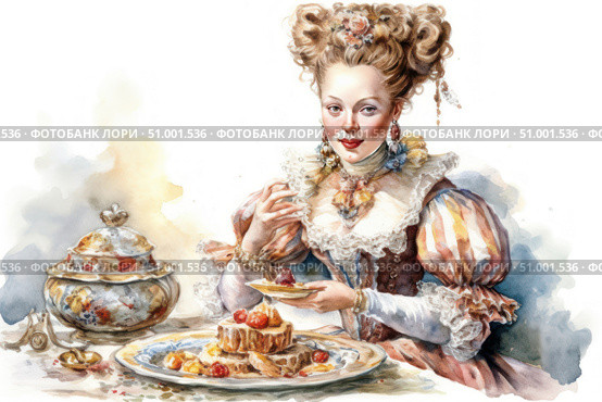 Watercolor portrait of an 18th century lady at dessert. The woman in a luxurious lace ball gown decorated with pearls and flowers enjoys an exquisite treat - fruit cakes. The atmosphere of sophistication and baroque aesthetics, carefully drawn details: porcelain dishes with floral patterns, exquisite jewelry, rococo hairstyle. The work is done in soft pastel colors with warm accents, creating a feeling of coziness, elegance and taste of the Louis XVI era. Стоковое AI-изображение, AI-художник Анна Кривицкая / Фотобанк Лори