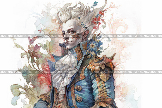 Watercolor portrait of an aristocrat in the Baroque style with fantasy elements. A man in a luxurious blue waistcoat with a lace jabot decorated with flowers is presented against a background of graceful plant curls and watercolor spots. His hair is solemnly raised upwards, emphasizing the eccentric character of the character. Ideal for themes related to fashion history, fantasy art, characters for games and books, theater costumes and watercolor graphics. Стоковое AI-изображение, AI-художник Анна Кривицкая / Фотобанк Лори