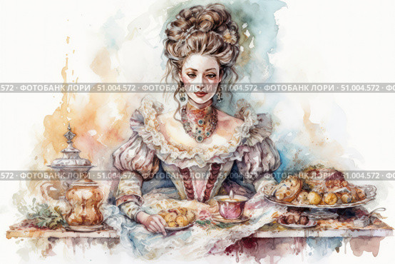 Watercolor portrait of an elegant lady in the Baroque or Rococo style. A woman in a luxurious dress with lace, jewelry and an intricate hairstyle sits at a table set with exquisite dishes - pastries, cakes, tea and fruits. The atmosphere of solemnity and refined comfort. Ideal for decorating restaurant menus, historical projects, packaging sweets and art publications. Стоковое AI-изображение, AI-художник Анна Кривицкая / Фотобанк Лори