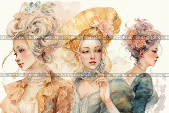 Watercolor portrait of three women in the Rococo style. All three girls are depicted in exquisite 18th century outfits with characteristic high hairstyles decorated with flowers and ribbons. Soft pastel colors, airy presentation and artistic style create an atmosphere of sophistication, elegance and historical grace. The illustration is perfect for the following themes: fashion of past centuries, history, female beauty, art and style. Стоковое AI-изображение, AI-художник Анна Кривицкая / Фотобанк Лори