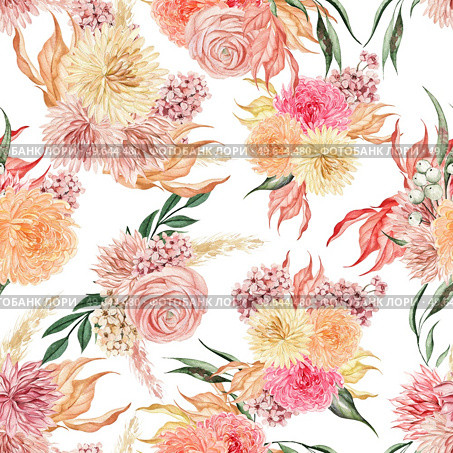 Watercolor seamless pattern with autumn flowers chrysanthemums, ranunculus, berries and leaves. Illustration. Watercolor seamless pattern with autumn flowers chrysanthemums, ranunculus, berries and leaves. . Стоковое фото, агентство Ingram Publishing / Фотобанк Лори