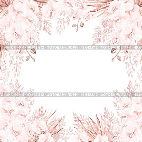 Watercolor wedding pink tropical card with Exotic flowers, orchid, protea and leaves.  Illustration. Watercolor wedding pink tropical card with Exotic flowers, orchid, protea and leaves.  . Стоковое фото, агентство Ingram Publishing / Фотобанк Лори