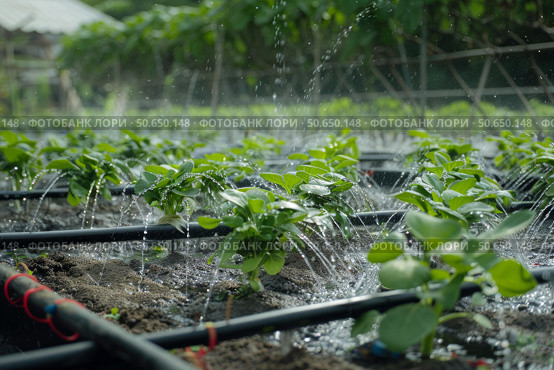 Watering seedlings with drip irrigation system in greenhouse, promoting sustainable agriculture. Стоковое AI-изображение, AI-художник Иван Рябоконь / Фотобанк Лори