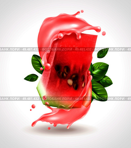 Watermelon party serving triangle wedge piece realistic composition with juice splash and fresh basil leaves vector illustration . Watermelon Splash Realistic Composition . Стоковая иллюстрация, агентство Ingram Publishing / Фотобанк Лори