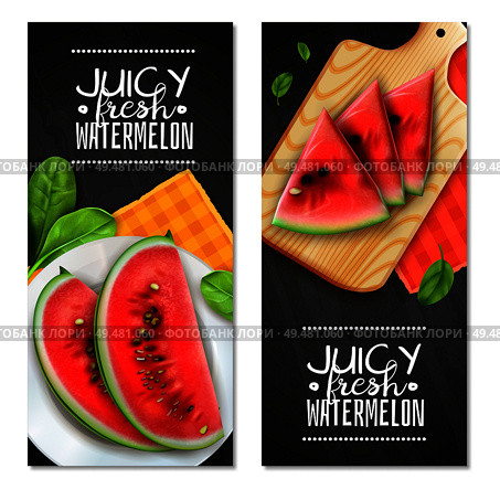 Watermelon servings 2 realistic vertical banners with juicy triangle wedges on cutting board black background vector illustration . Watermelon Realistic Banners . Стоковая иллюстрация, агентство Ingram Publishing / Фотобанк Лори