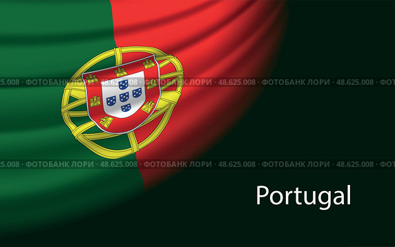 Wave flag of Portugal on dark background. Banner or ribbon vecto. Стоковая иллюстрация, иллюстратор Максим Гребешков / Фотобанк Лори