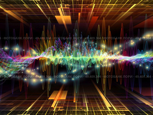 Wave Function series. Backdrop composed of colored sine vibrations, light and fractal elements and suitable for use in the projects on sound equalizer, music spectrum and  quantum probability. Стоковое фото, агентство Ingram Publishing / Фотобанк Лори