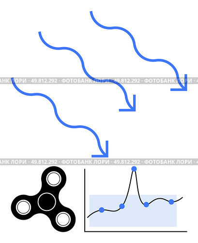 Waves fidget spinner and graph with points represent forces motion and statistics. Ideal for concepts of dynamics, movement, analysis, flow, trends, data representation, strategy. Line metaphor. Dynamic Interaction of Forces and Trends Illustrated Through Waves and Graph Elements. Стоковая иллюстрация, агентство Ingram Publishing / Фотобанк Лори