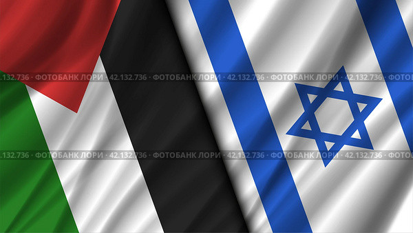 Wavy Palestinian and Israeli flags. Relations between countries. Conflict or friendship. Politics economic banner. Палестинский и Израильский флаги. Стоковая иллюстрация, иллюстратор GAlexS / Фотобанк Лори