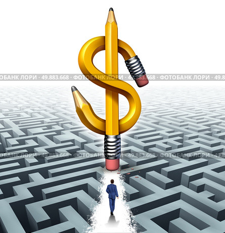 Wealth success solutions business concept as a businessman walking over a maze with a cleared path made by an eraser from a dollar shaped pencil as a metaphor for financial freedom guidance. Стоковое фото, агентство Ingram Publishing / Фотобанк Лори