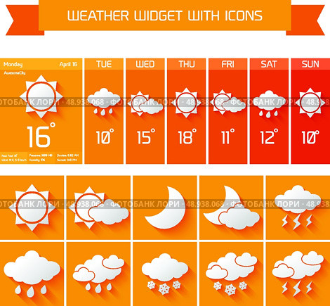 Weather extended forecast computer and mobile vertical widgets with icons business collection in orange isolated vector illustration. Стоковая иллюстрация, агентство Ingram Publishing / Фотобанк Лори