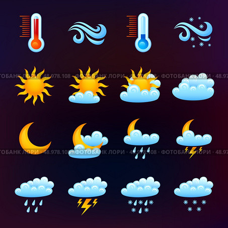 Weather forecast decorative icons set on dark background isolated vector illustration. Стоковая иллюстрация, агентство Ingram Publishing / Фотобанк Лори