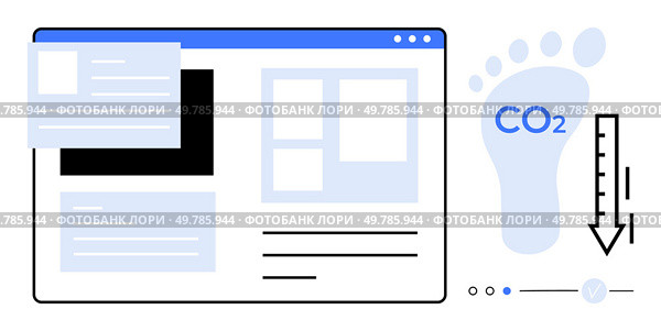 Web interface layout with overlaid widgets, carbon footprint icon, CO2 text, and thermometer indicating reduction. Ideal for environmental awareness, sustainability, eco-friendly practices, carbon. Web Interface with Carbon Footprint and CO2 Reduction Layout for Environmental Awareness. Стоковая иллюстрация, агентство Ingram Publishing / Фотобанк Лори