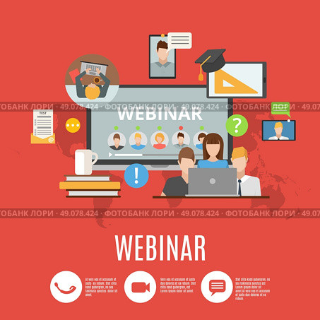 Webinar Flat Design Concept. Webinar flat design concept with icons of online information exchange and corporate conference flat vector illustration. Стоковая иллюстрация, агентство Ingram Publishing / Фотобанк Лори