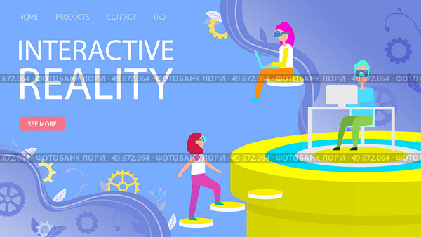 Website for interactive reality game with glasses for virtual simulation. People wearing virtual reality glasses play using modern technologies. Gadget, VR technology for entertainment with friends. Website for interactive reality game. People wearing VR glasses play using modern technologies. Стоковая иллюстрация, агентство Ingram Publishing / Фотобанк Лори