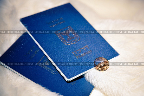 wedding rings and passports of Israel on boa. Стоковое фото, агентство Ingram Publishing / Фотобанк Лори