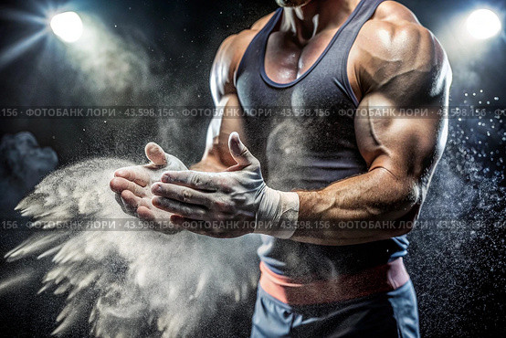 Weightlifting competitions. The athlete processes his hands with chalk before taking a lot of weight. A sport at the Summer Olympics. Стоковое AI-изображение, AI-художник Photojuli / Фотобанк Лори