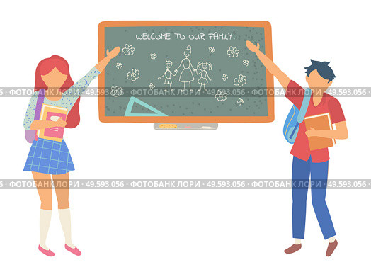 Welcome to our Family. Male and female students standing near blackboard with chalk drawing isolated on white. Back to School banner vector illustration. Welcome to our Family, Chalkboard in Classroom. Стоковая иллюстрация, агентство Ingram Publishing / Фотобанк Лори