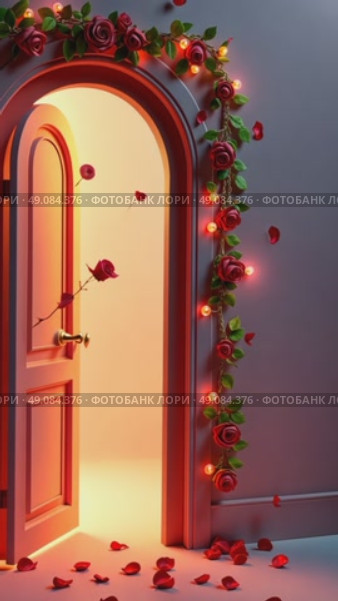 Welcoming 3D icon of an open door with festive lights framing it and rose petals floating outward in cartoon style. Romantic date, first love, st valentines day, couple in love, newlywed, honeymoon. Стоковое AI-видео, аниматор Sergey Grishin / Фотобанк Лори
