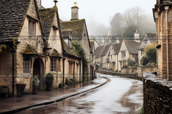 Wet street winding through charming cotswolds village on a foggy day. Стоковое AI-изображение, AI-художник Иван Рябоконь / Фотобанк Лори