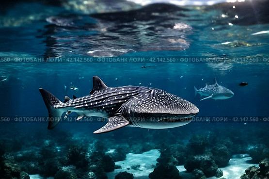 Whale shark (Rhincodon typus) mammal swimming in tropical underwaters. Shark in underwater wild animal world. Observation of wildlife ocean. Scuba diving adventure in Ecuador coast. Copy text space. Стоковое AI-изображение, AI-художник Aleksandr Golubev / Фотобанк Лори