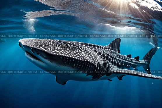 Whale shark (Rhincodon typus) mammal swimming in tropical underwaters rear view. Shark in underwater wild animal world. Observation of wildlife ocean. Scuba diving adventure in Ecuador coast. Стоковое AI-изображение, AI-художник Aleksandr Golubev / Фотобанк Лори
