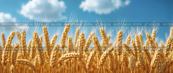 Wheat ears or spikelets. Yellow field, blue sky, white clouds. Horizontal background. Стоковое AI-изображение, AI-художник Катерина Ковалева / Фотобанк Лори
