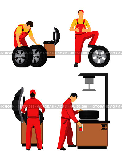 Wheel service colorful banner vector illustration, mechanics in red coverlasses working with special tools and machines for tyre wheeling or fitting. Wheel Service Colorful Banner Vector Illustration. Стоковая иллюстрация, агентство Ingram Publishing / Фотобанк Лори