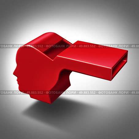 Whistle blower or whistleblower concept as a symbol of exposing corruption and misconduct for people who do not follw the rules or self defense icon with a red whistling object shaped as a human head. Стоковое фото, агентство Ingram Publishing / Фотобанк Лори