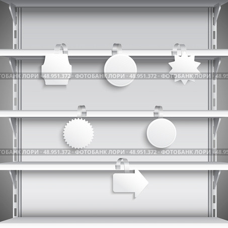 White advertising sale wobblers hanging on supermarket shelves vector illustration. Стоковая иллюстрация, агентство Ingram Publishing / Фотобанк Лори
