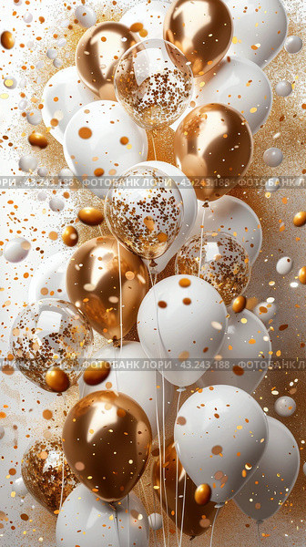 White and Gold Balloons Floating in the Air. Стоковое AI-изображение, AI-художник Юлия Гапеенко / Фотобанк Лори