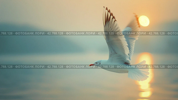 White Bird Soaring in Sunlit Sky. Стоковое AI-изображение, AI-художник Юлия Гапеенко / Фотобанк Лори